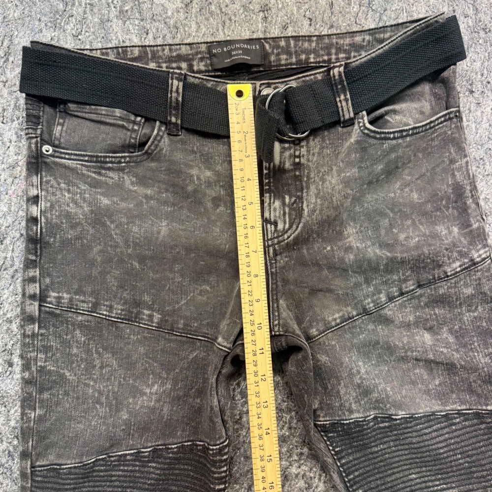 No Boundaries Mens Moto Jeans 36x30 Gray Acid Wash Biker Slim Fit Stretch Belted - Picture 5 of 11